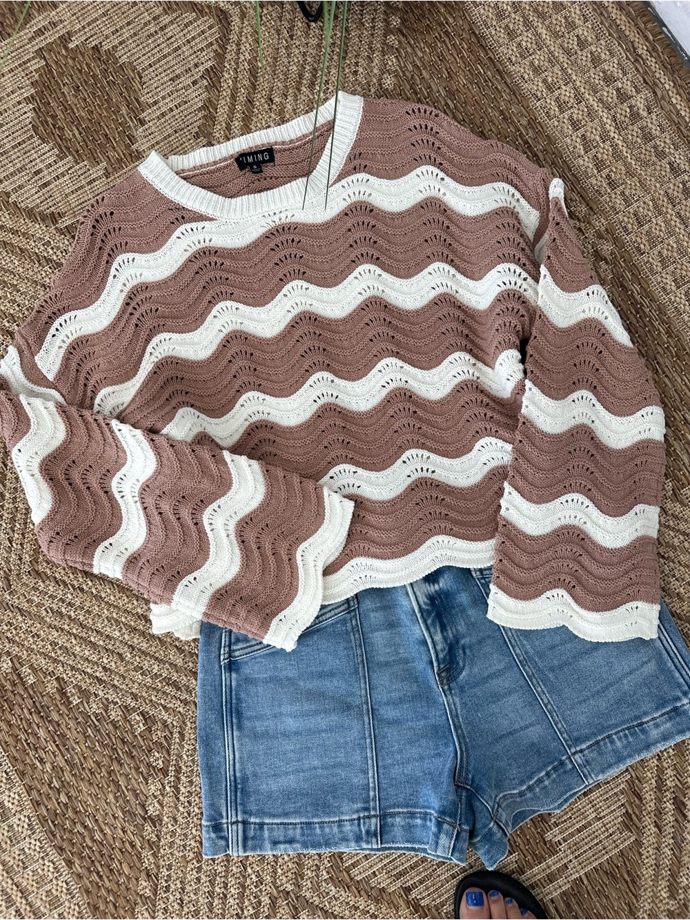 Wave Stripe Crew Sweater - Dusty Rose & Cream